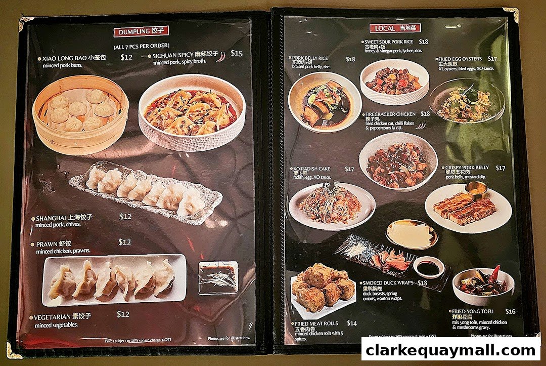 A menu featuring various dumplings and local Chinese dishes with accompanying images.