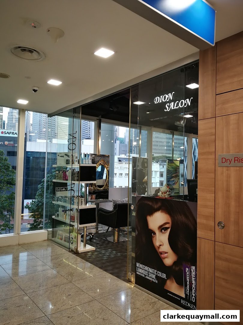 The entrance to Dion Salon, featuring a large advertisement for Redken hair products.