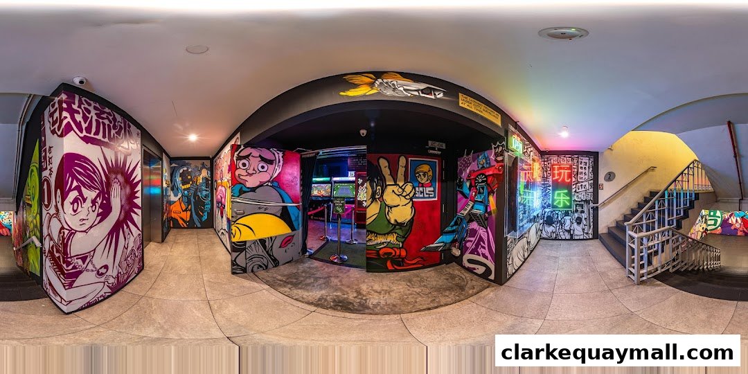 Vibrant hallway with anime-inspired graffiti art and neon signs leading to an arcade.