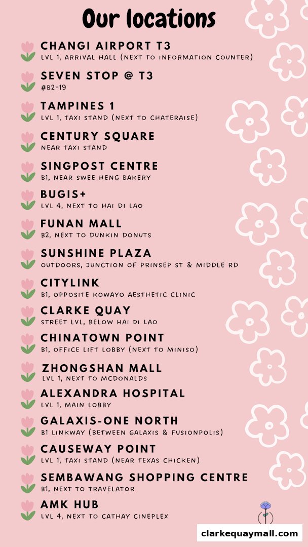 A list of store locations for Cool Petals, with addresses and nearby landmarks.