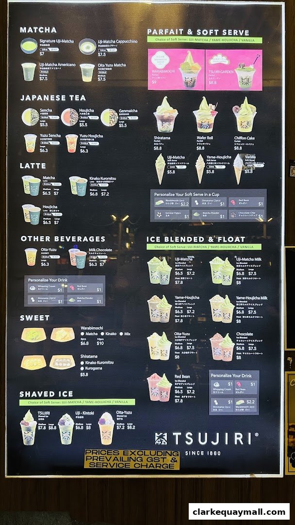 A menu board for TSUJIRI The Central Store, showcasing matcha drinks, parfaits, teas, lattes, and shaved ice.