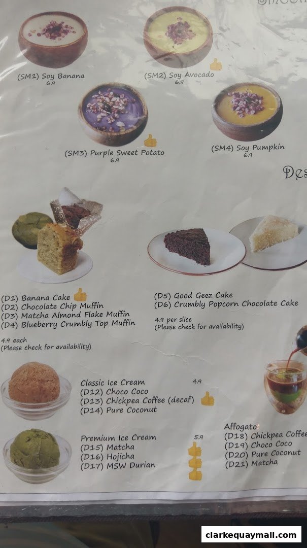 A menu featuring smoothies, cakes, muffins, ice cream, and affogato with prices.