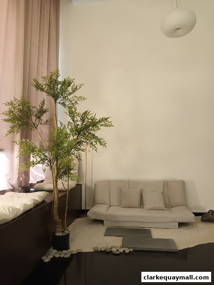 A serene interior with a sofa, plants, and minimalist decor.