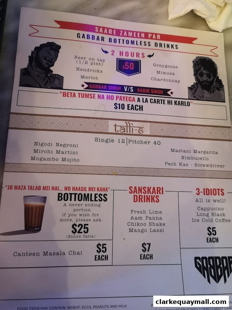 A menu from Gabbar Bistro Bar featuring bottomless drinks, cocktails, and other beverages.