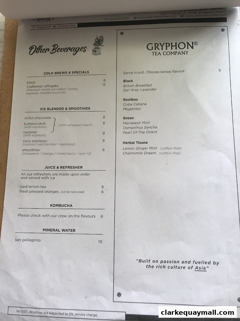 A menu featuring various beverages including cold brews, smoothies, juices, kombucha, mineral water, and Gryphon teas.