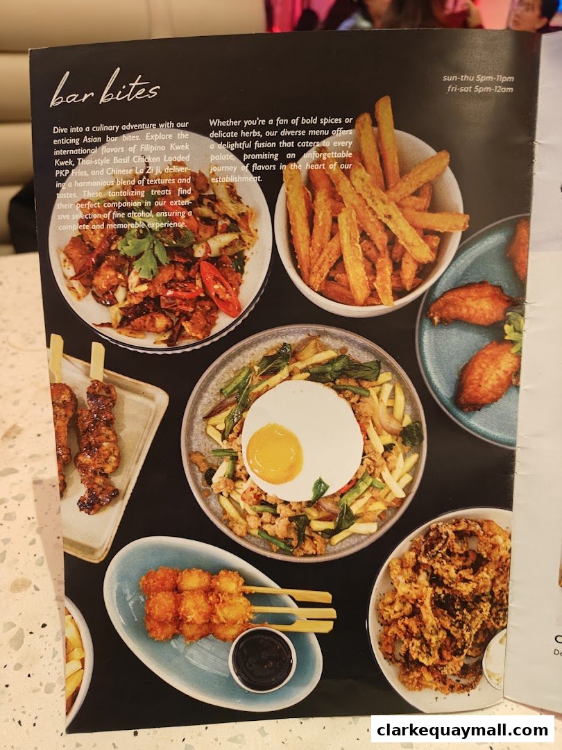 A menu page showcasing various Asian bar bites with accompanying descriptions and operating hours.