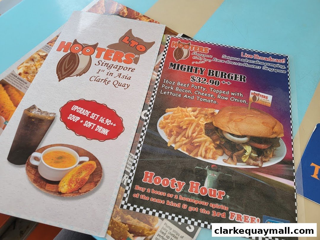 A Hooters menu featuring a Mighty Burger and an upgrade set with soup and soft drink.
