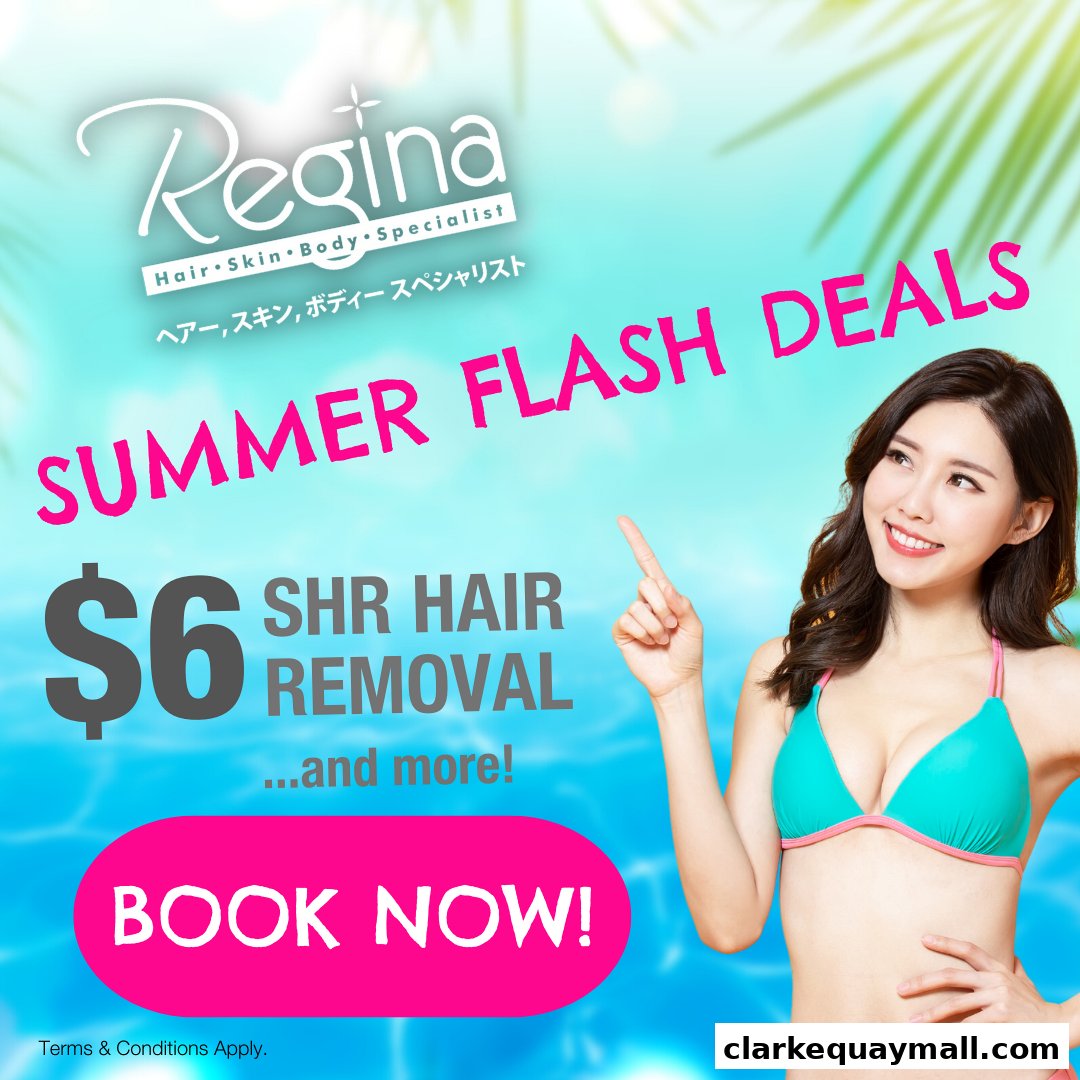 A woman in a bikini points to a summer flash deal for SHR hair removal.