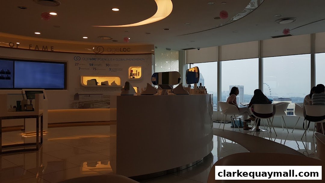 Interior of a modern beauty store with product displays and seating area overlooking the city.