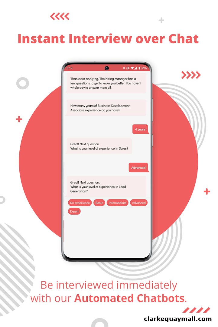 A smartphone screen displays an automated interview chat with questions and answer options.