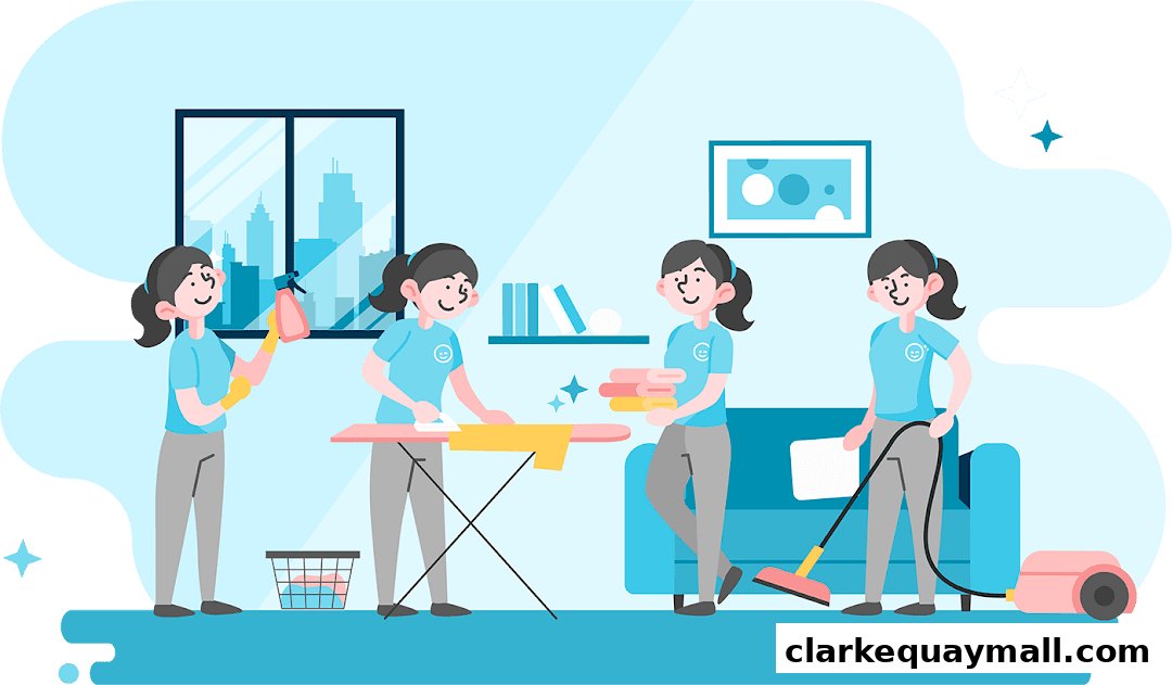 Illustration of four women performing various household cleaning tasks like spraying, ironing, and vacuuming.