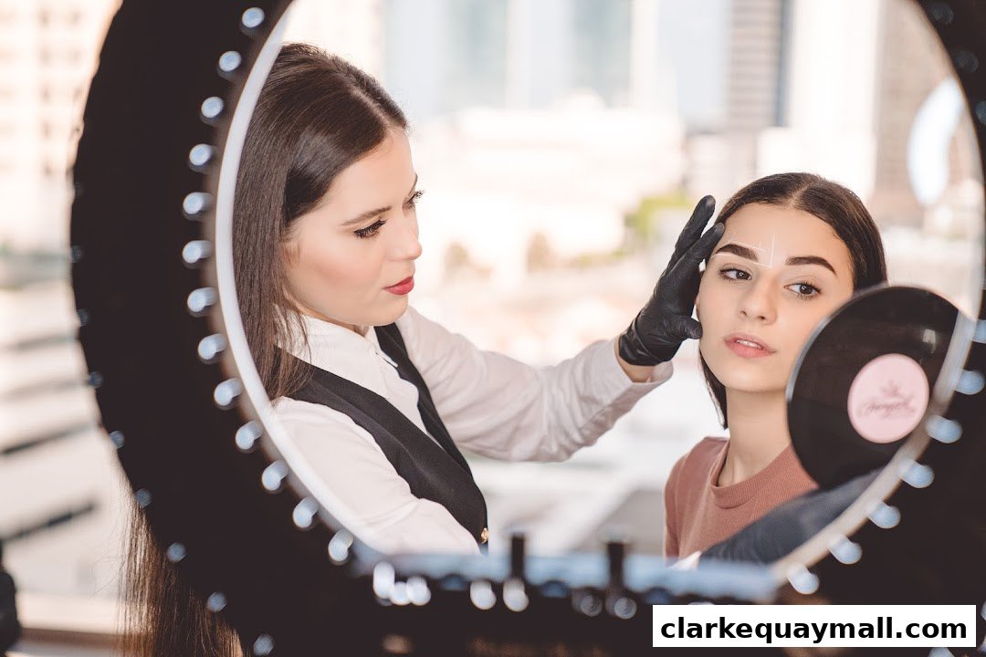 A beauty professional measures a client's eyebrows with a measuring tool.