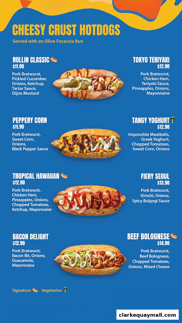 A menu showcasing various gourmet hot dogs with unique toppings and ingredients.