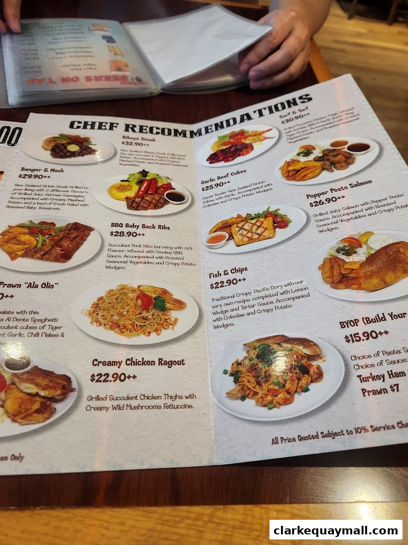 A menu featuring chef recommendations with various dishes and prices.