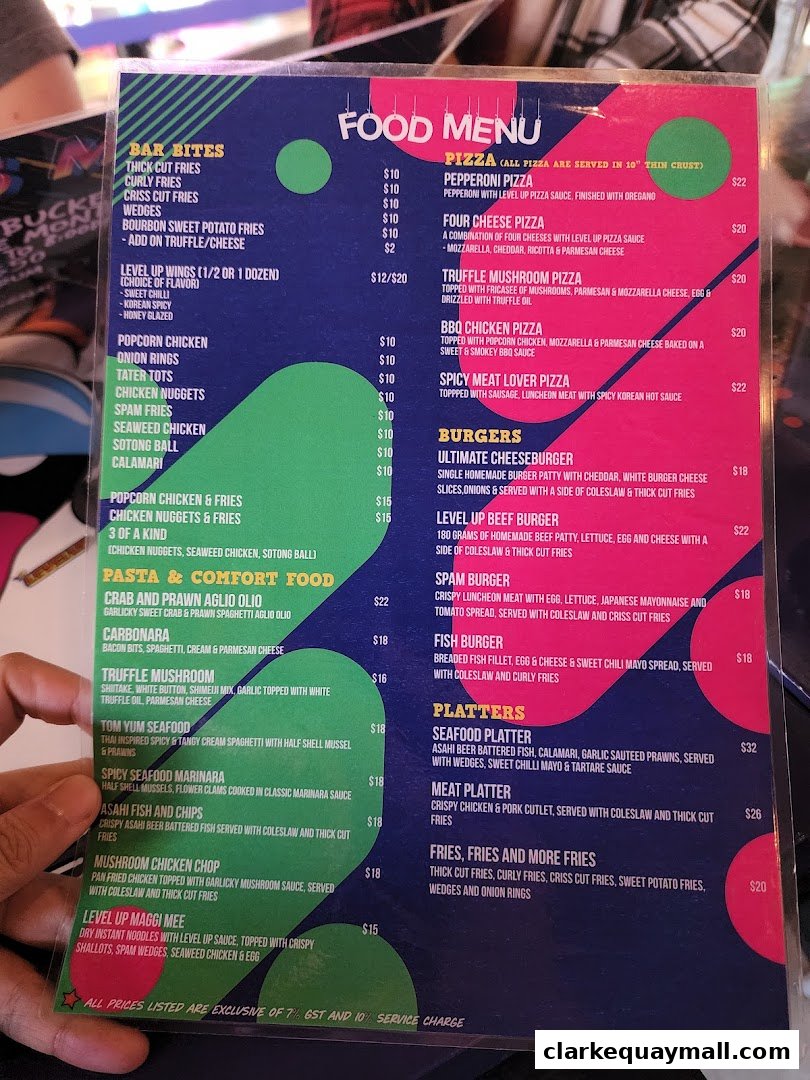 A colorful menu for Level Up, featuring pizzas, burgers, pasta, and bar bites.