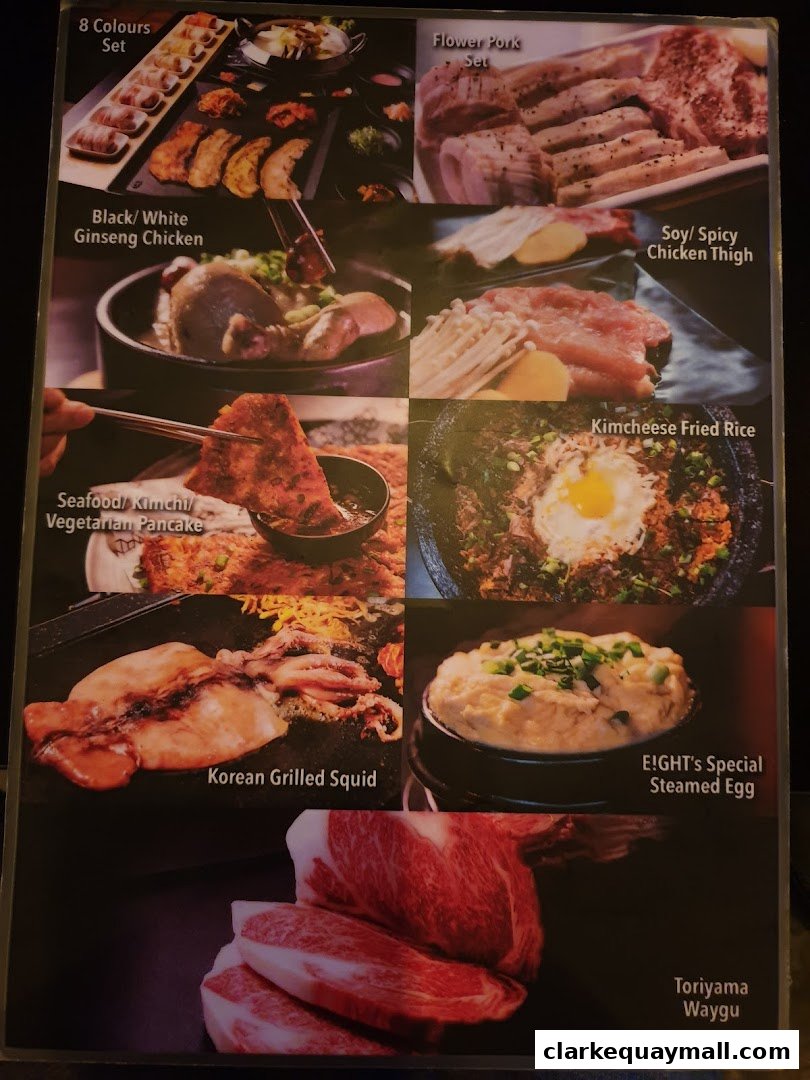 A menu showcasing various Korean BBQ dishes including sets, meats, seafood, and rice.