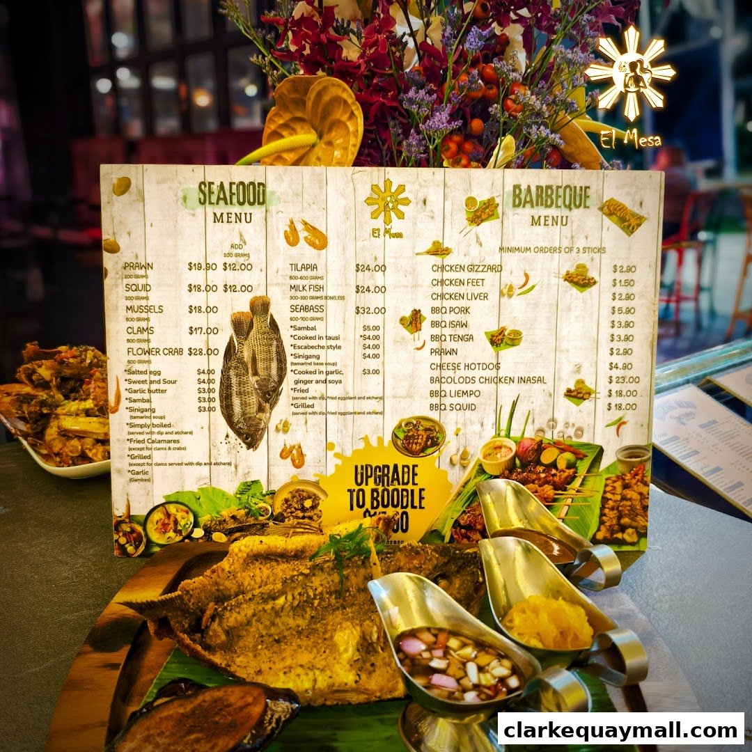 A Filipino seafood and barbeque menu with various dishes and prices displayed.