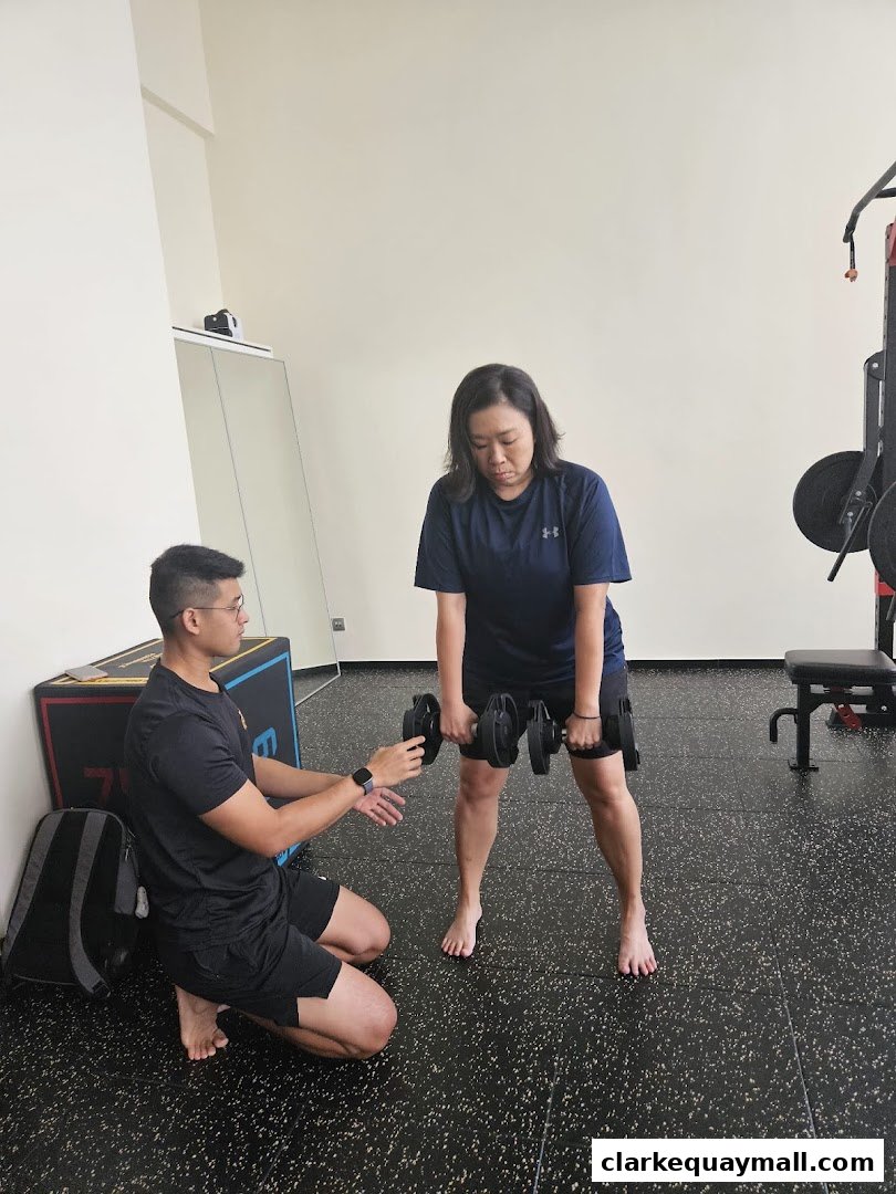 A trainer instructs a client on proper dumbbell form in a gym.