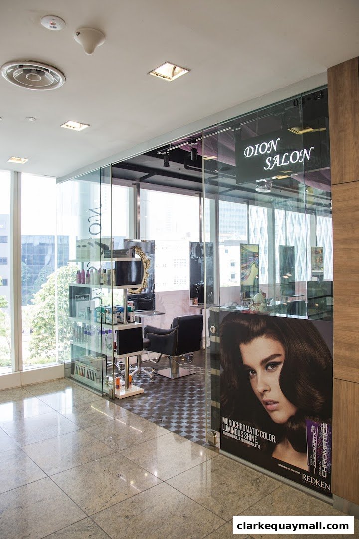 Interior view of Dion Salon, showcasing styling chairs, shelves with products, and a large advertisement.
