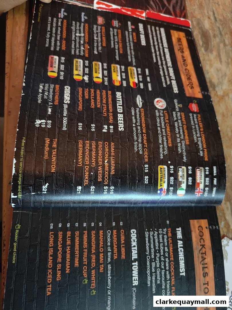 A menu featuring beers, ciders, and cocktails with prices and descriptions.