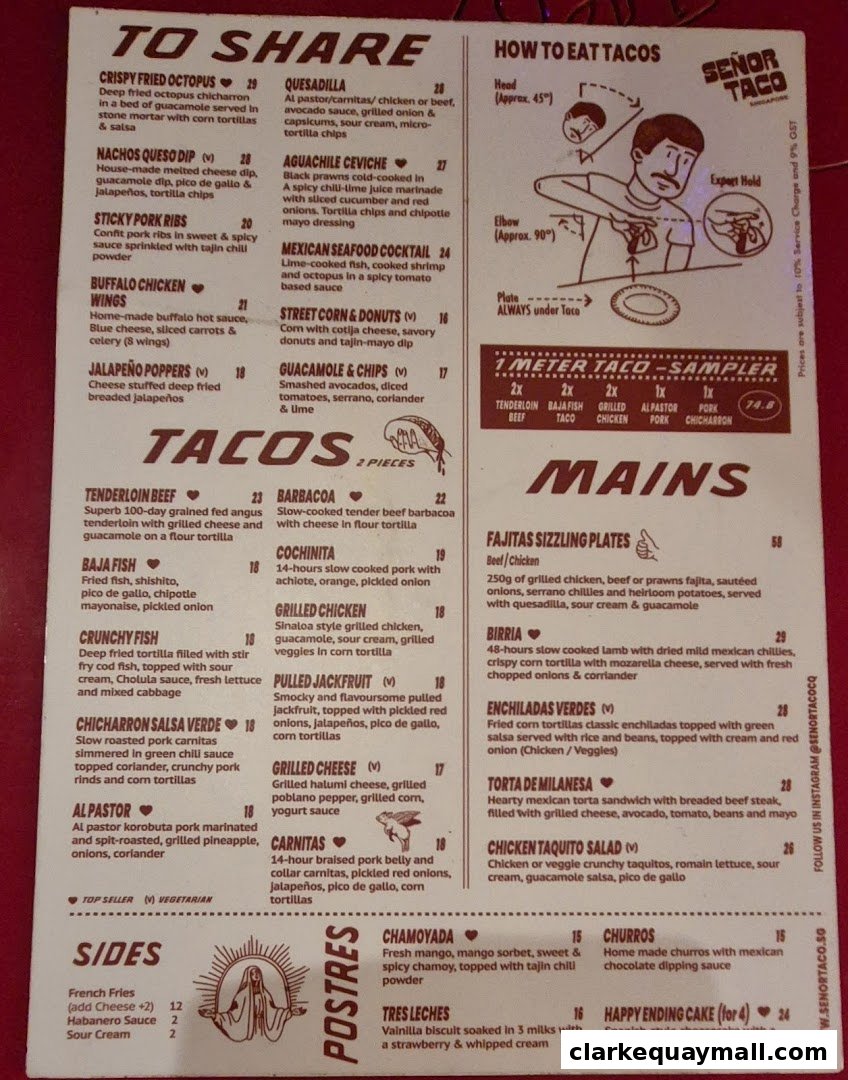 A menu for Señor Taco Clarke Quay featuring tacos, mains, sides, and desserts.