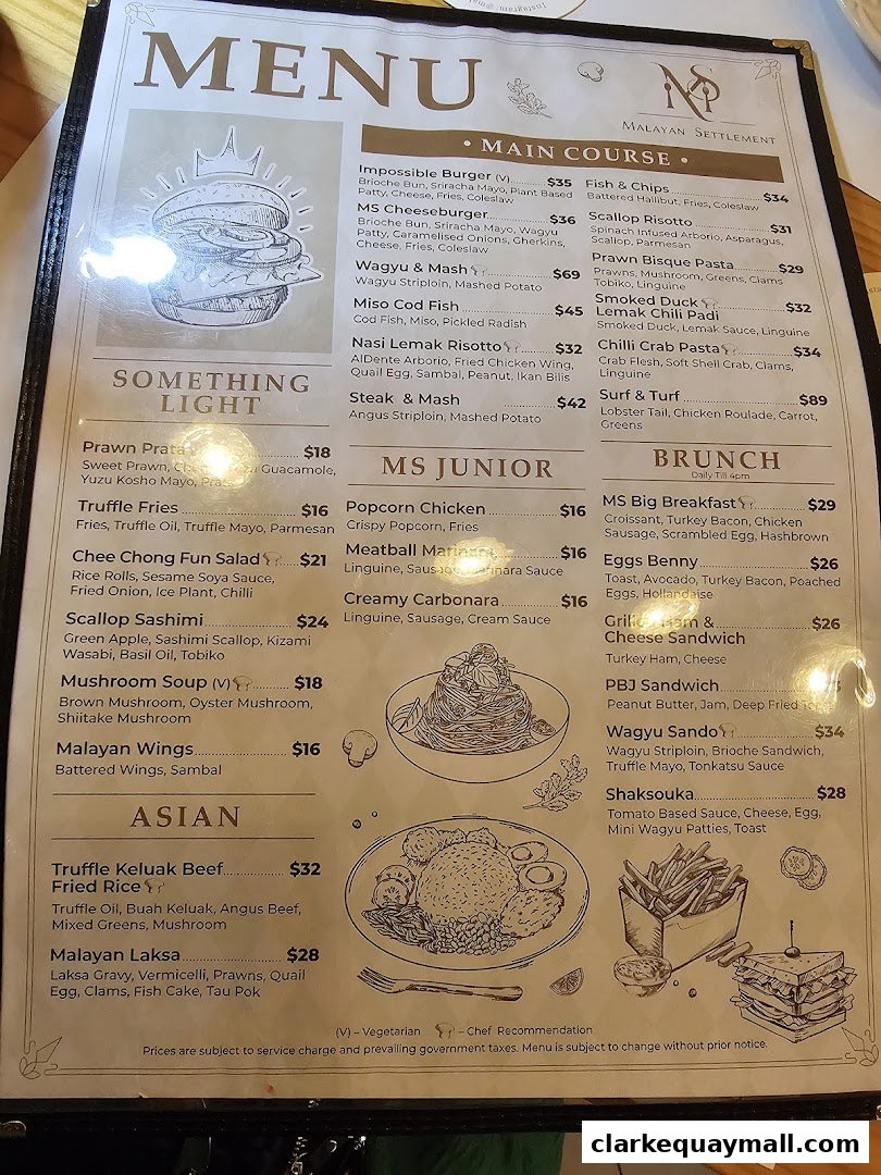 A menu from Malayan Settlement featuring main courses, junior meals, Asian dishes, and brunch options.