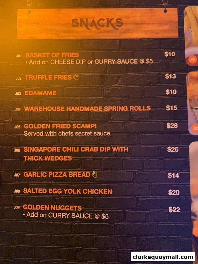 A menu featuring various snacks like fries, spring rolls, and chicken dishes.