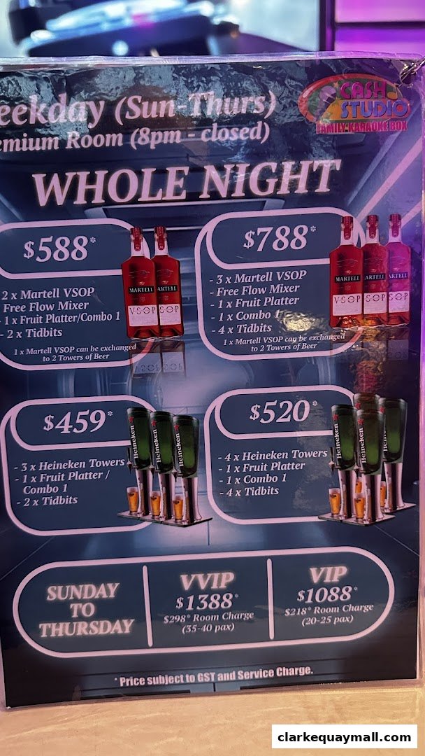 A menu for Cash Studio Family Karaoke Box featuring whole night packages with drinks and food.