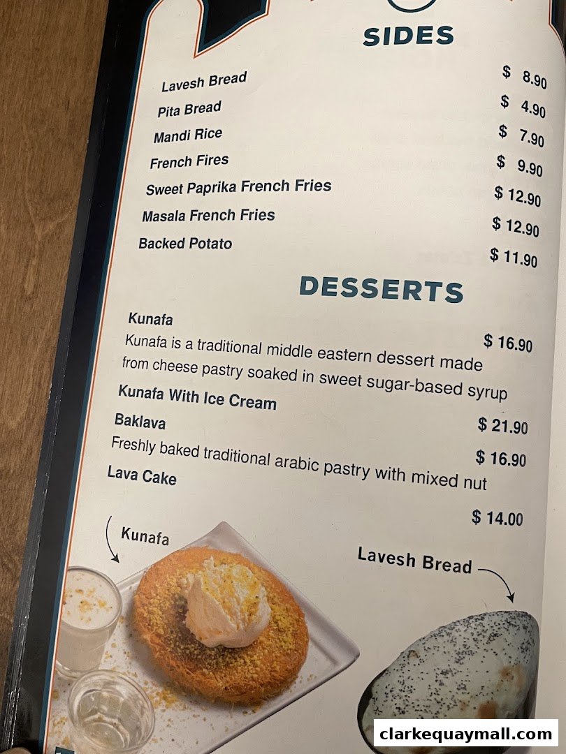 A menu featuring Turkish and Lebanese dishes, including sides and desserts.