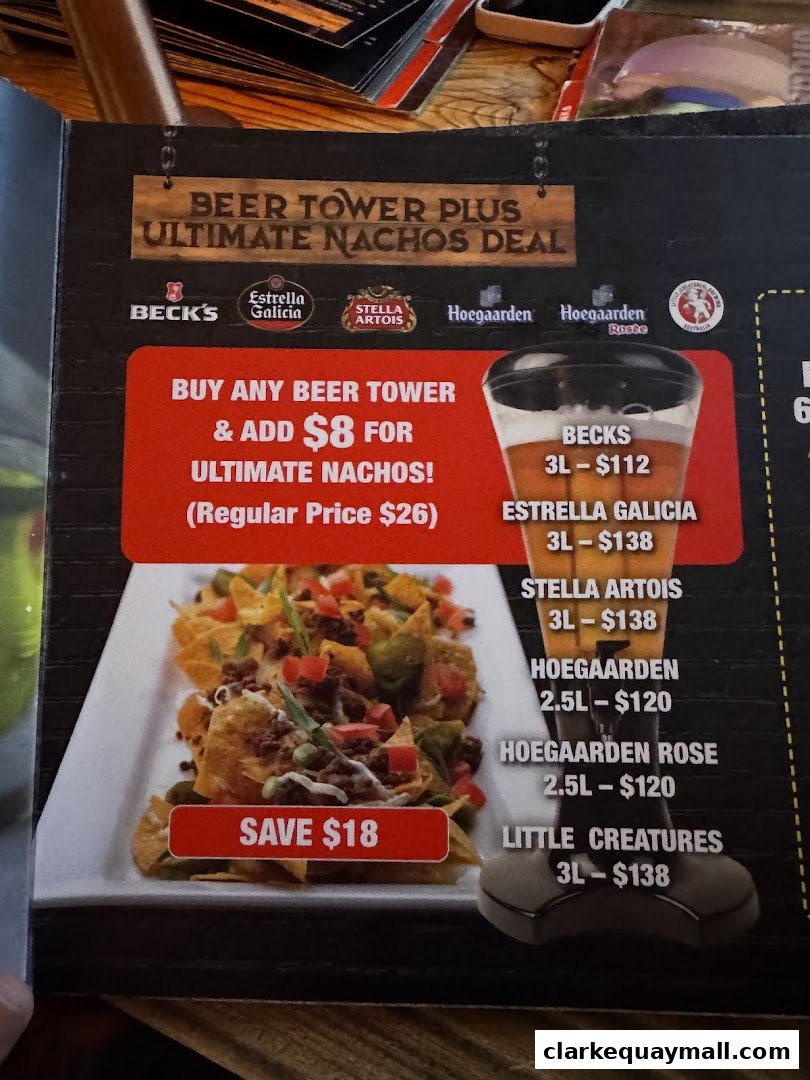 A menu offering a beer tower and nachos deal with various beer options and prices.