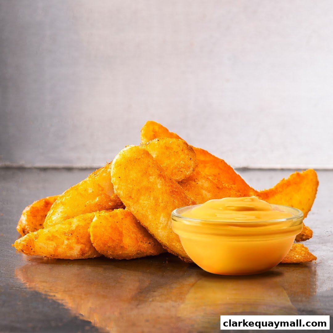 Crispy potato wedges served with a side of creamy cheese sauce.