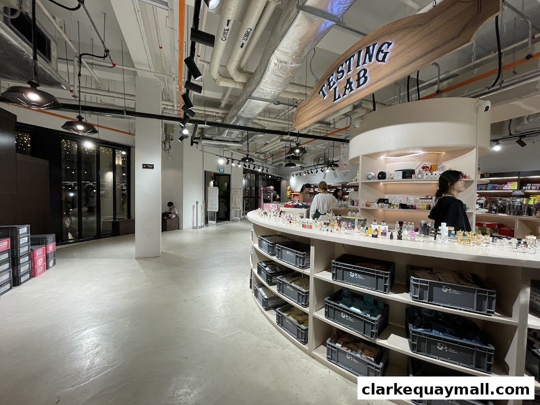 Interior of a retail store with shelves displaying products and a 'Testing Lab' sign.