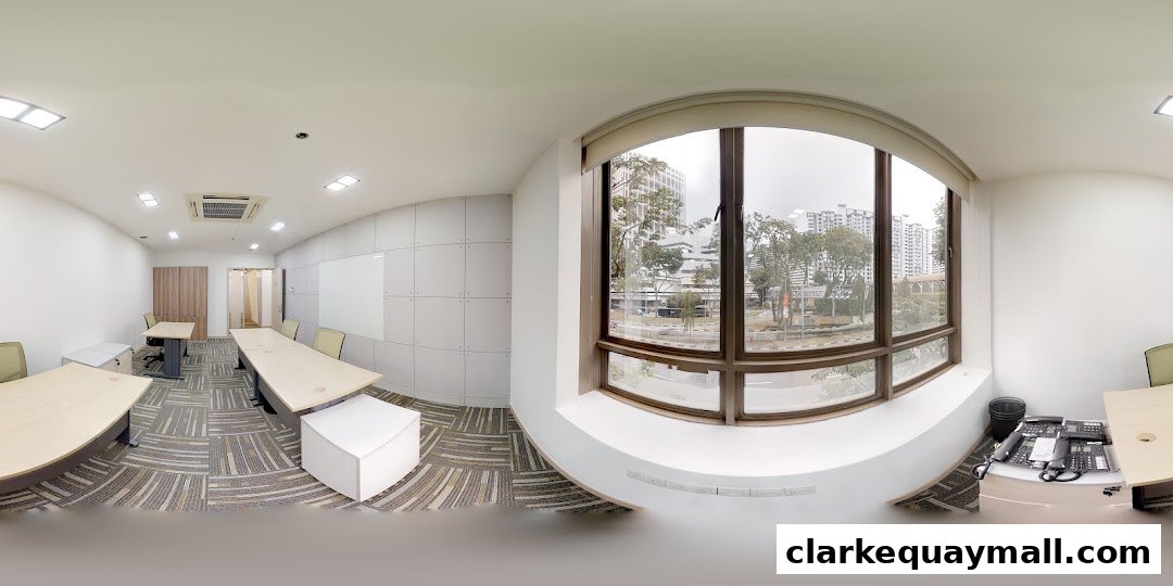 A modern office meeting room with large tables, chairs, and a view of the city.
