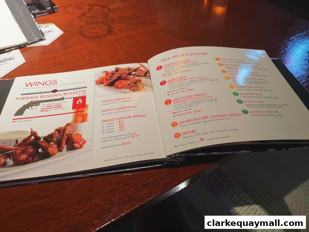 A menu from Wings Bar & Grill featuring various wing flavors and meal options.