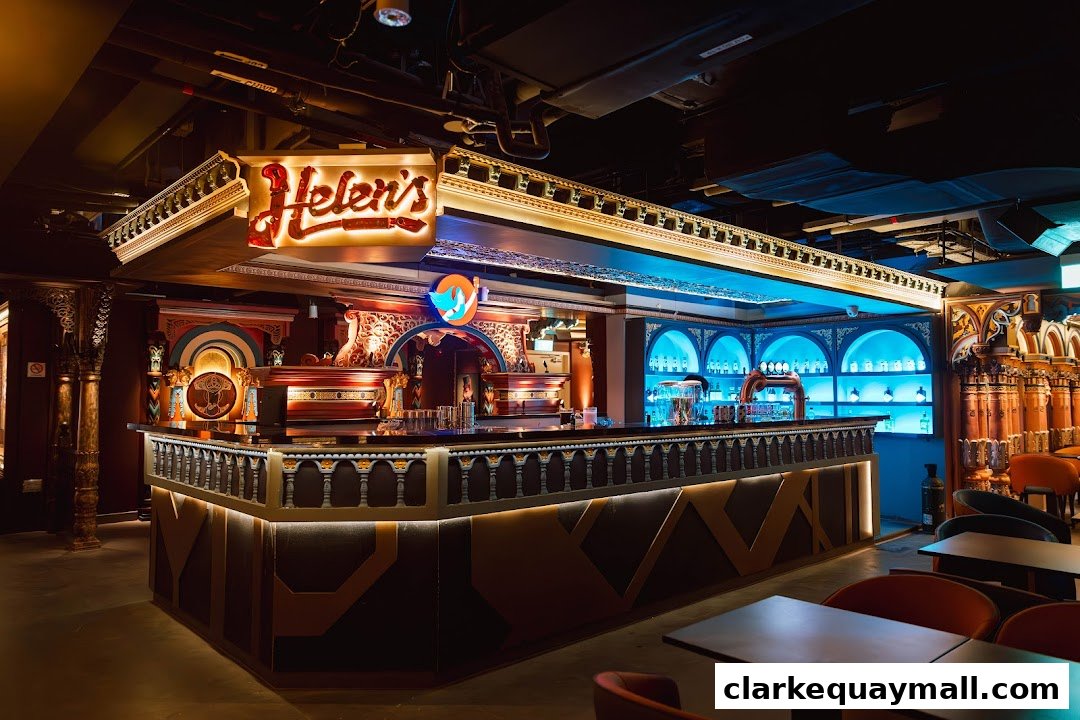 Interior of Helens Bar with a prominent illuminated sign and a well-stocked bar.