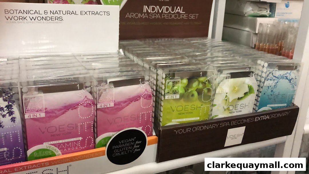 Display of VOESH pedicure spa kits featuring botanical extracts and natural ingredients.