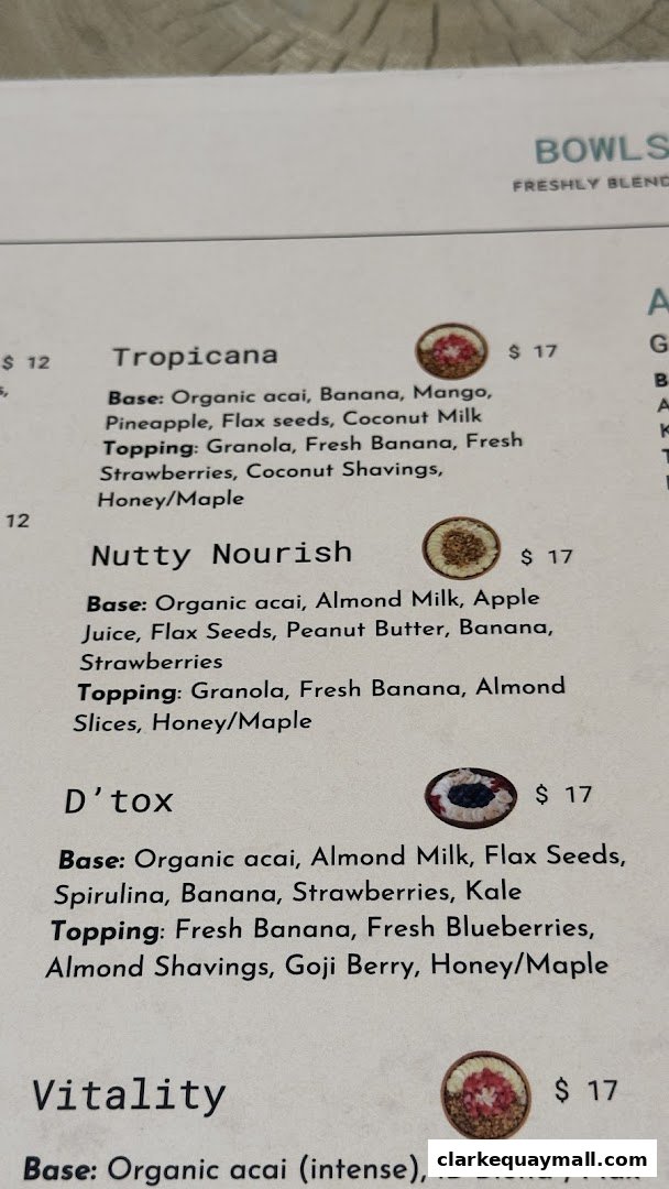 A menu from iNCREDi BOWL featuring various smoothie bowls with ingredients and prices.