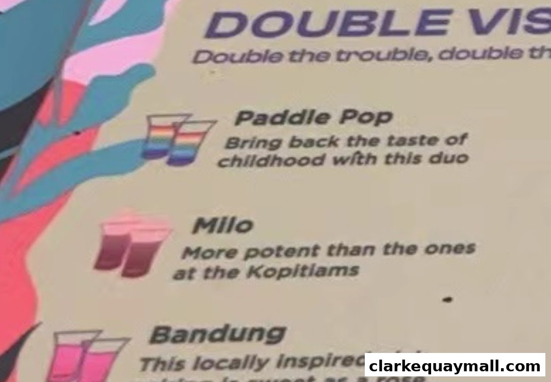 A menu featuring colorful drinks with playful names and descriptions.