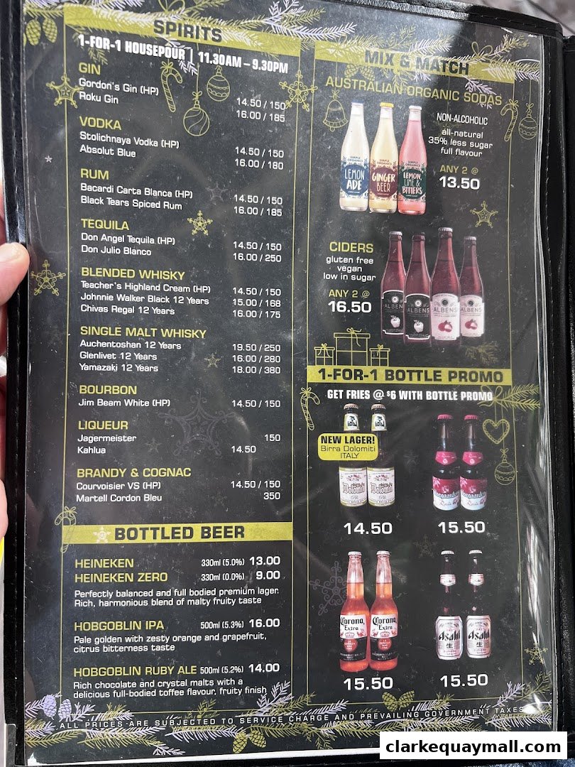 A menu featuring spirits, bottled beer, and mixed drinks with prices and descriptions.
