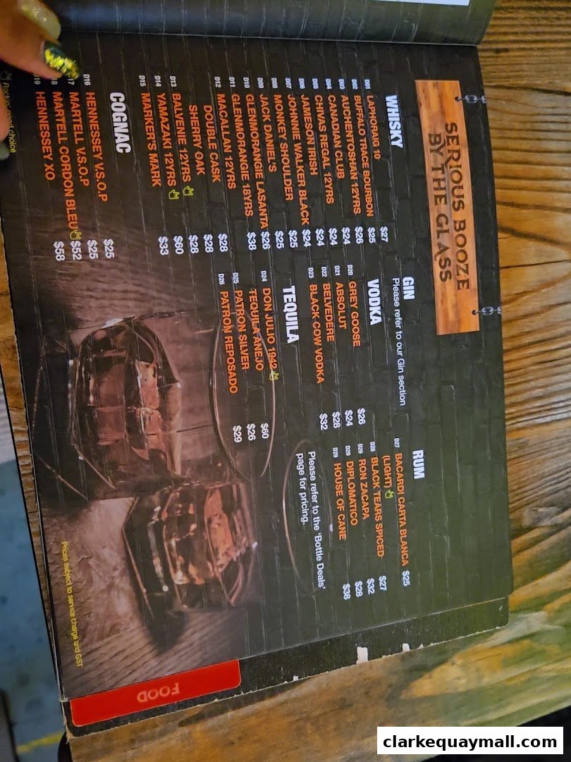 A menu featuring a wide selection of whiskies, vodkas, rums, tequilas, and cognacs, with prices listed per glass.