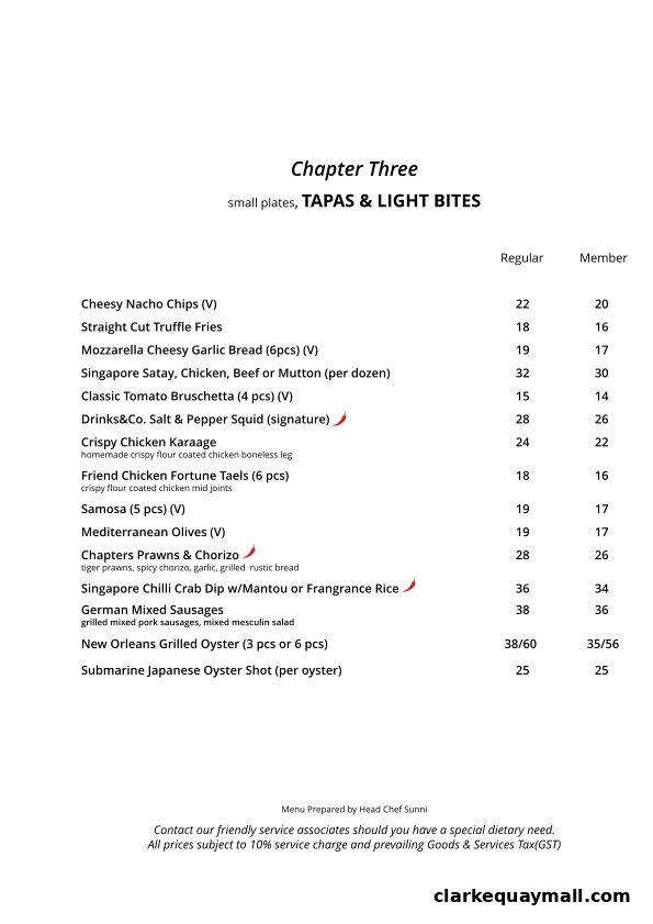 A menu from Chapters by DrinksCo. featuring small plates, tapas, and light bites.