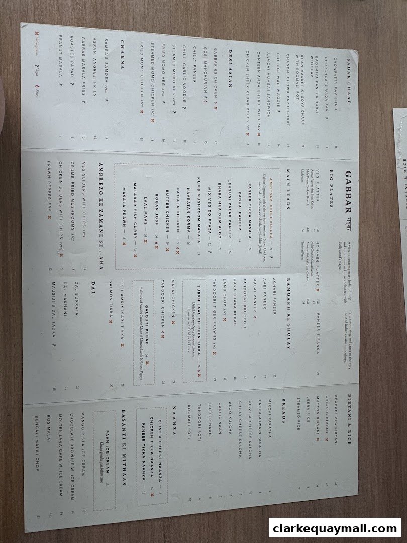 A menu from Gabbar Bistro Bar Clarke Quay featuring Indian cuisine with categories like Desi Asian, Main Leads, and Biryani & Rice.