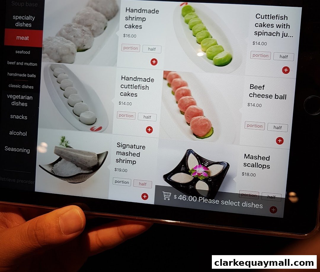 A tablet screen displaying a menu of hot pot ingredients with prices and images.