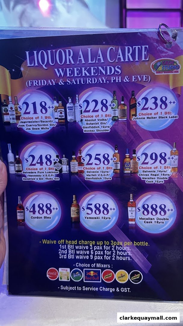 A menu for 'Liquor a la Carte Weekends' featuring various bottles of liquor and their prices.