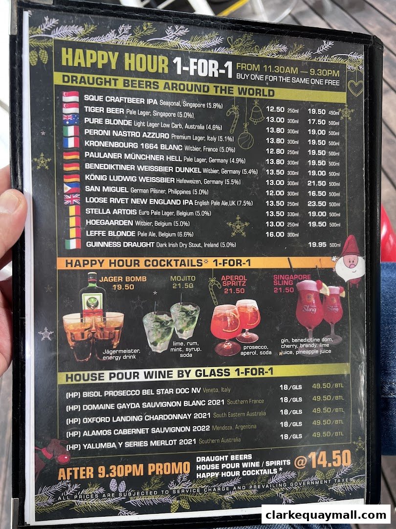A menu featuring happy hour deals on draught beers, cocktails, and house pour wines.