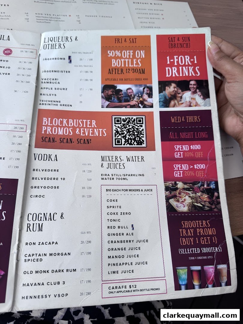 A menu featuring drinks, promotions, and special offers at Gabbar Bistro Bar.