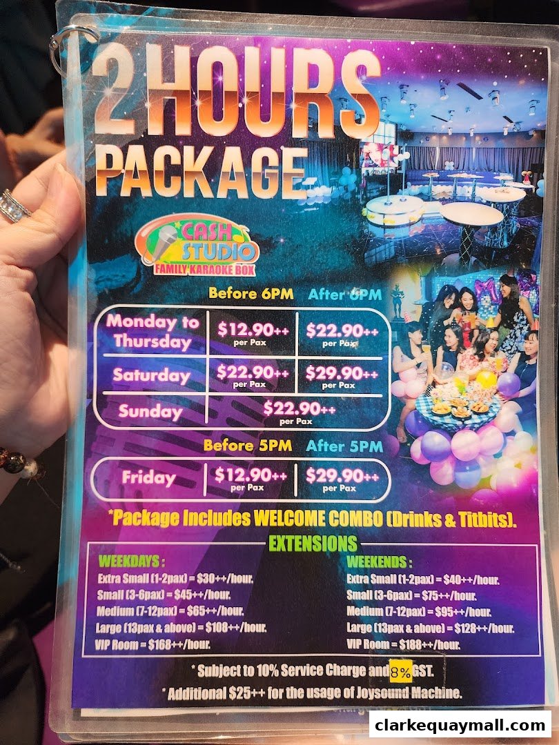 A menu for Cash Studio Family Karaoke Box offering 2-hour packages and extensions.