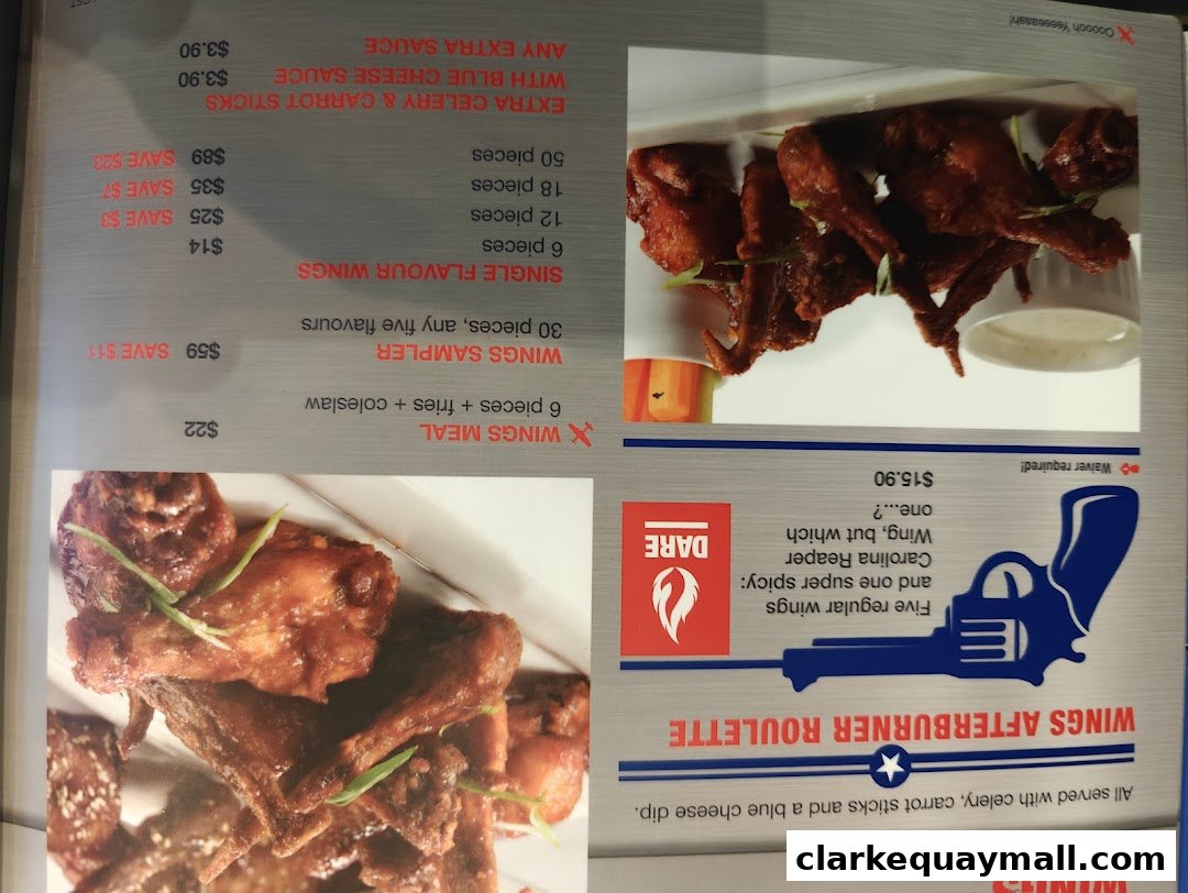 A menu featuring various wing options, including sampler platters and meals, with accompanying sides.