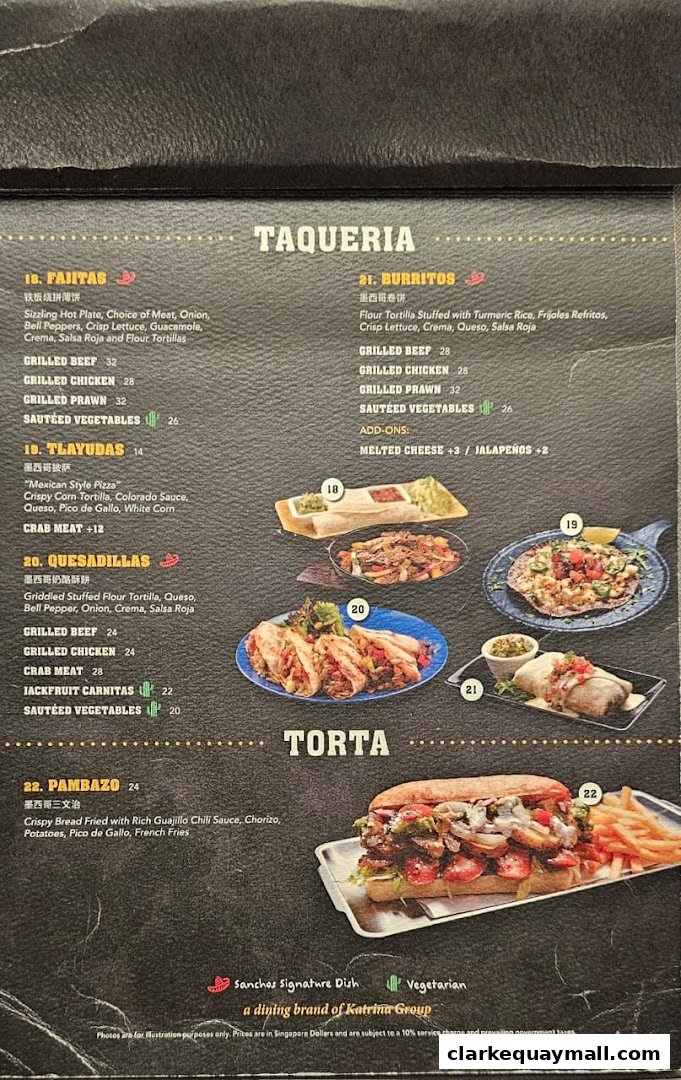 A menu from Rico Rico Clarke Quay featuring Mexican dishes like Fajitas, Burritos, Tlayudas, Quesadillas, and Tortas.