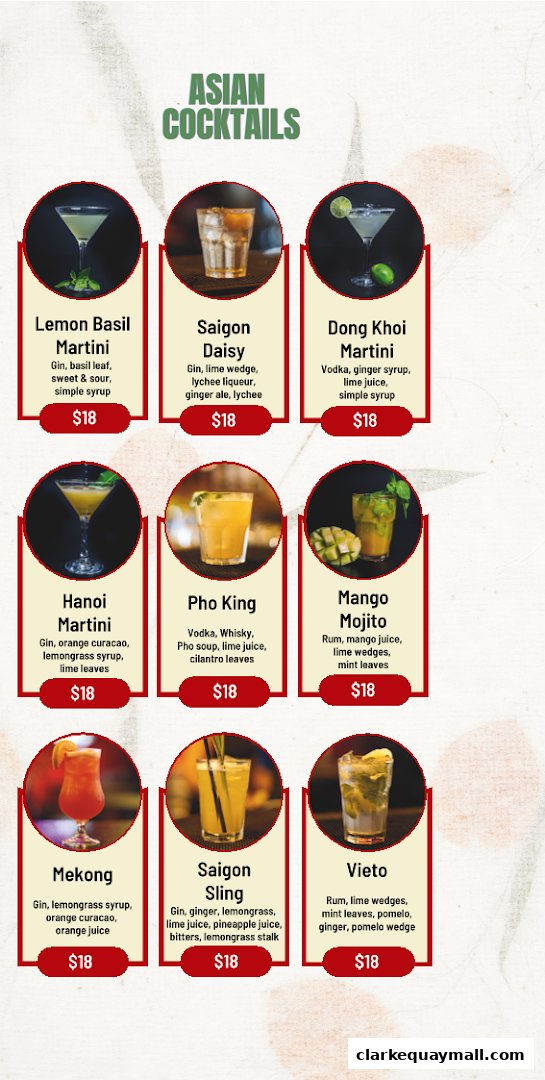 A menu featuring various Asian-inspired cocktails with images and descriptions.